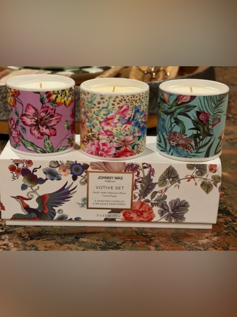 Johnny Was NEW IN BOX Set of 3 votive candles